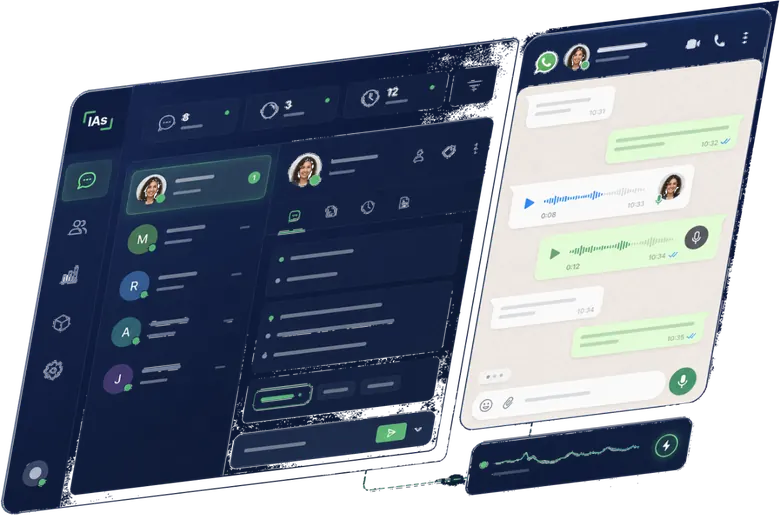Telas do atendimento: conversa no WhatsApp com áudio e o painel de atendimentos