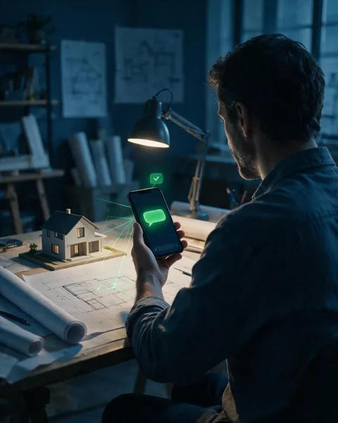 Arquiteto de costas em seu estúdio recebe no celular a apresentação de parceria, com um selo verde de interesse confirmado