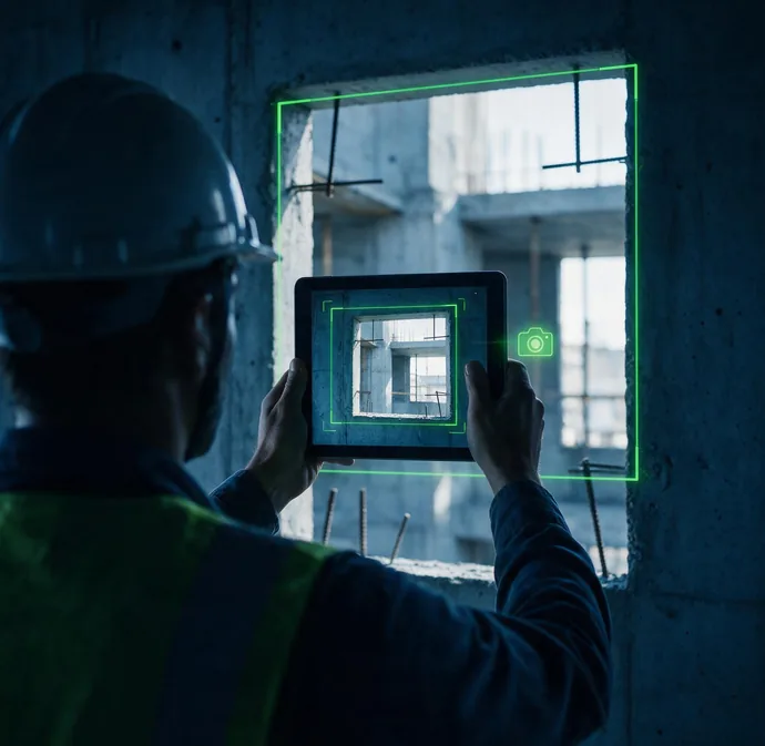 Operário de costas em obra fotografa e mede um vão de janela com o tablet, o contorno verde marca a medida exata